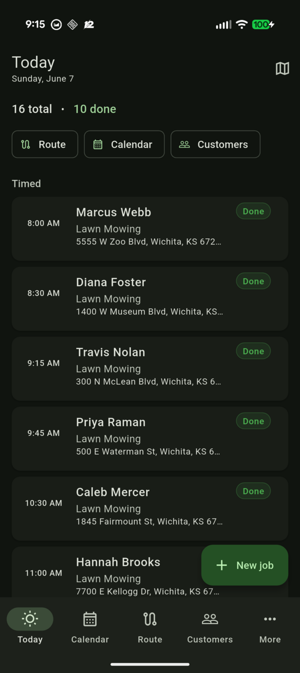 ClippingCash owner app showing today's jobs — 16 jobs, 10 completed