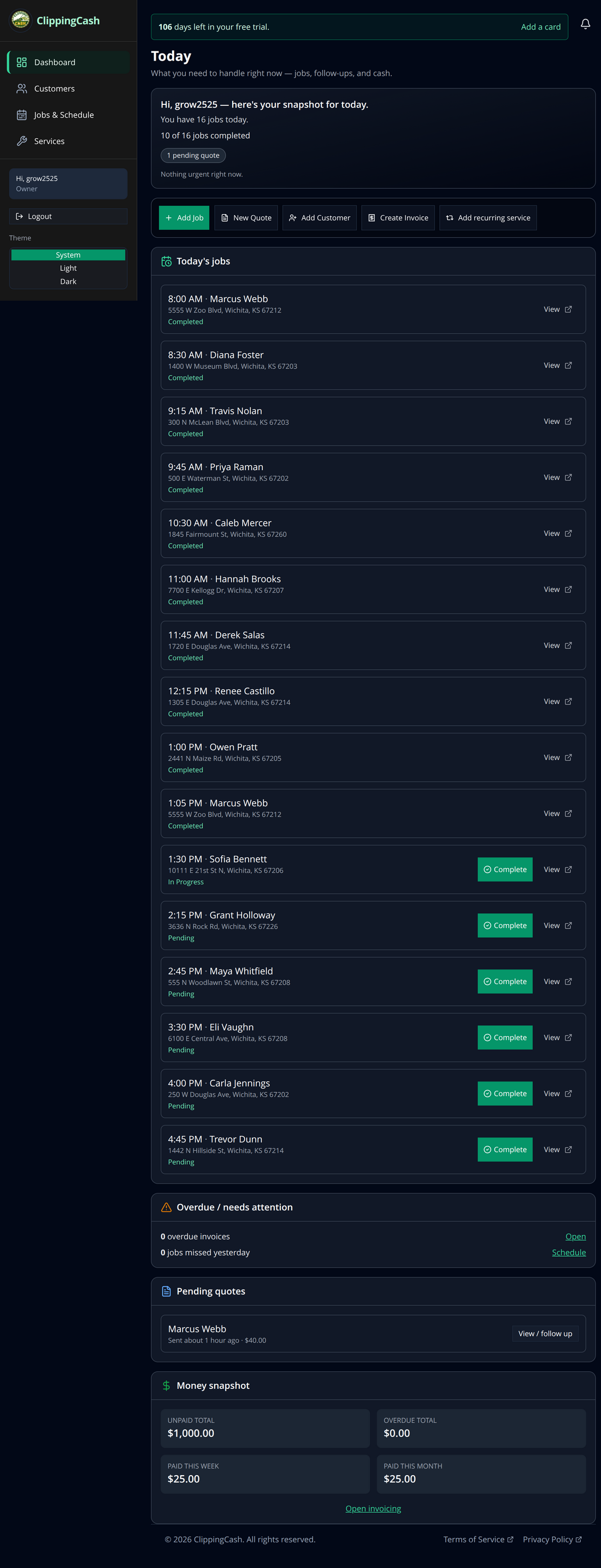 ClippingCash owner dashboard showing today's jobs, pending quotes, and money snapshot