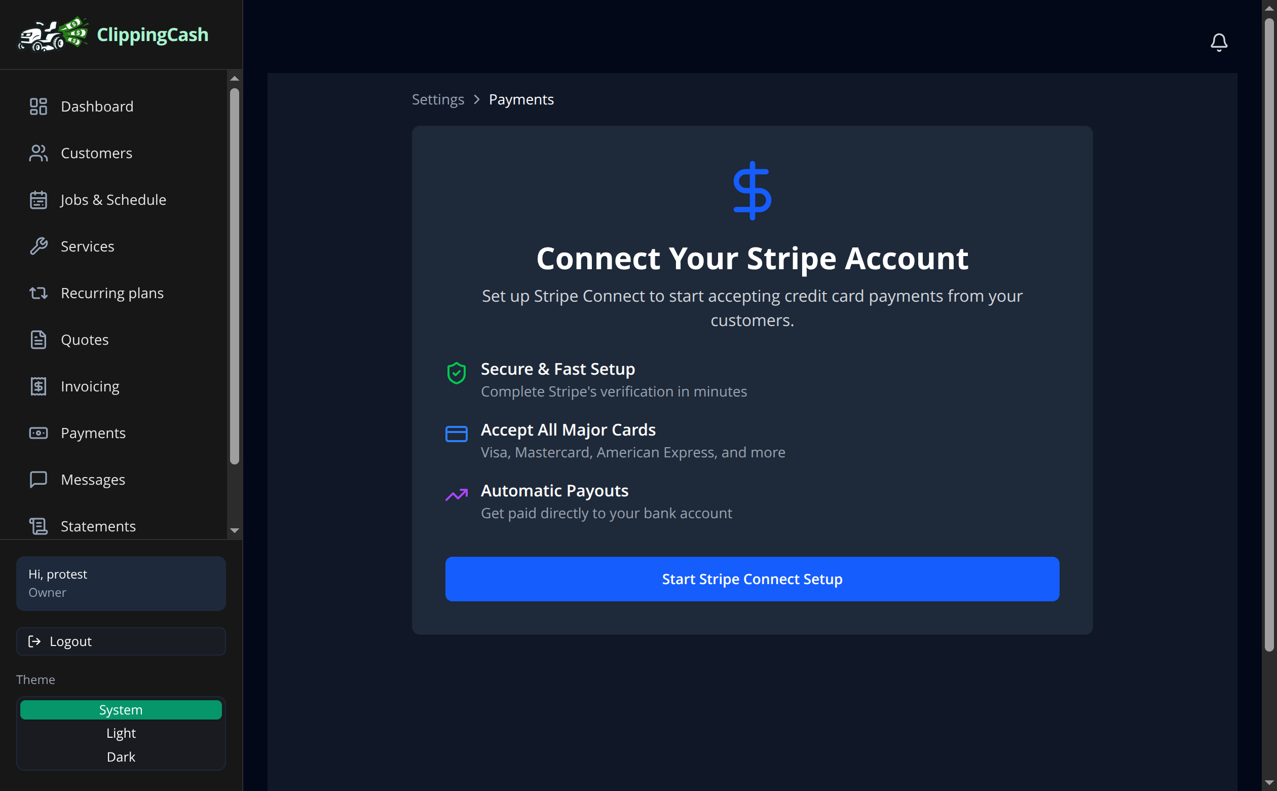 The Connect Your Stripe Account screen in ClippingCash settings
