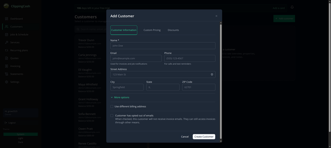 The Add Customer form with fields for name, email, phone, and address