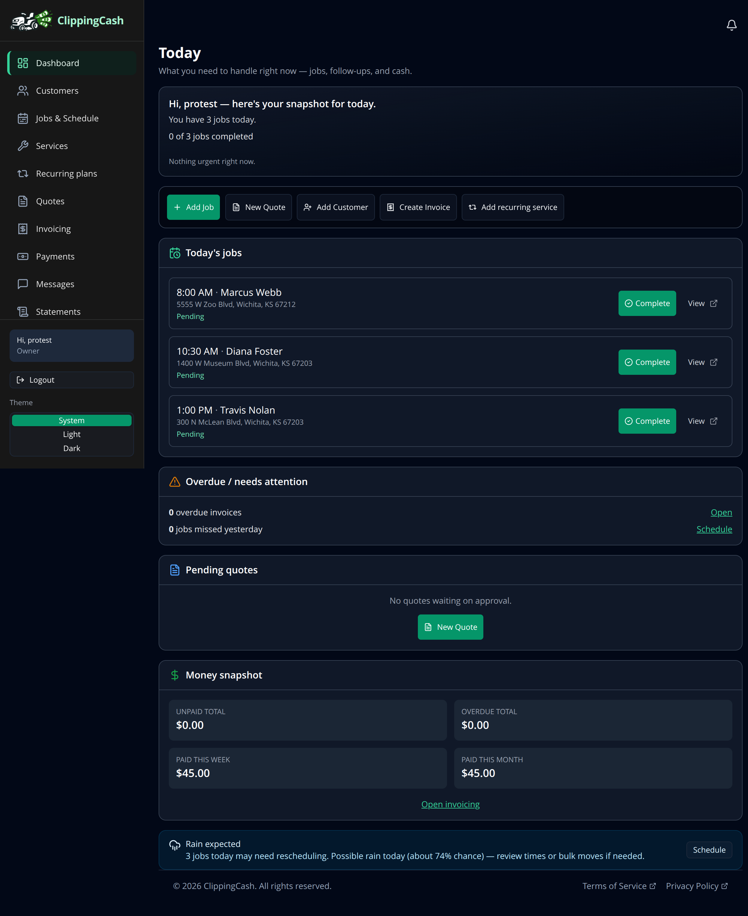 The ClippingCash dashboard showing today's jobs and a money snapshot