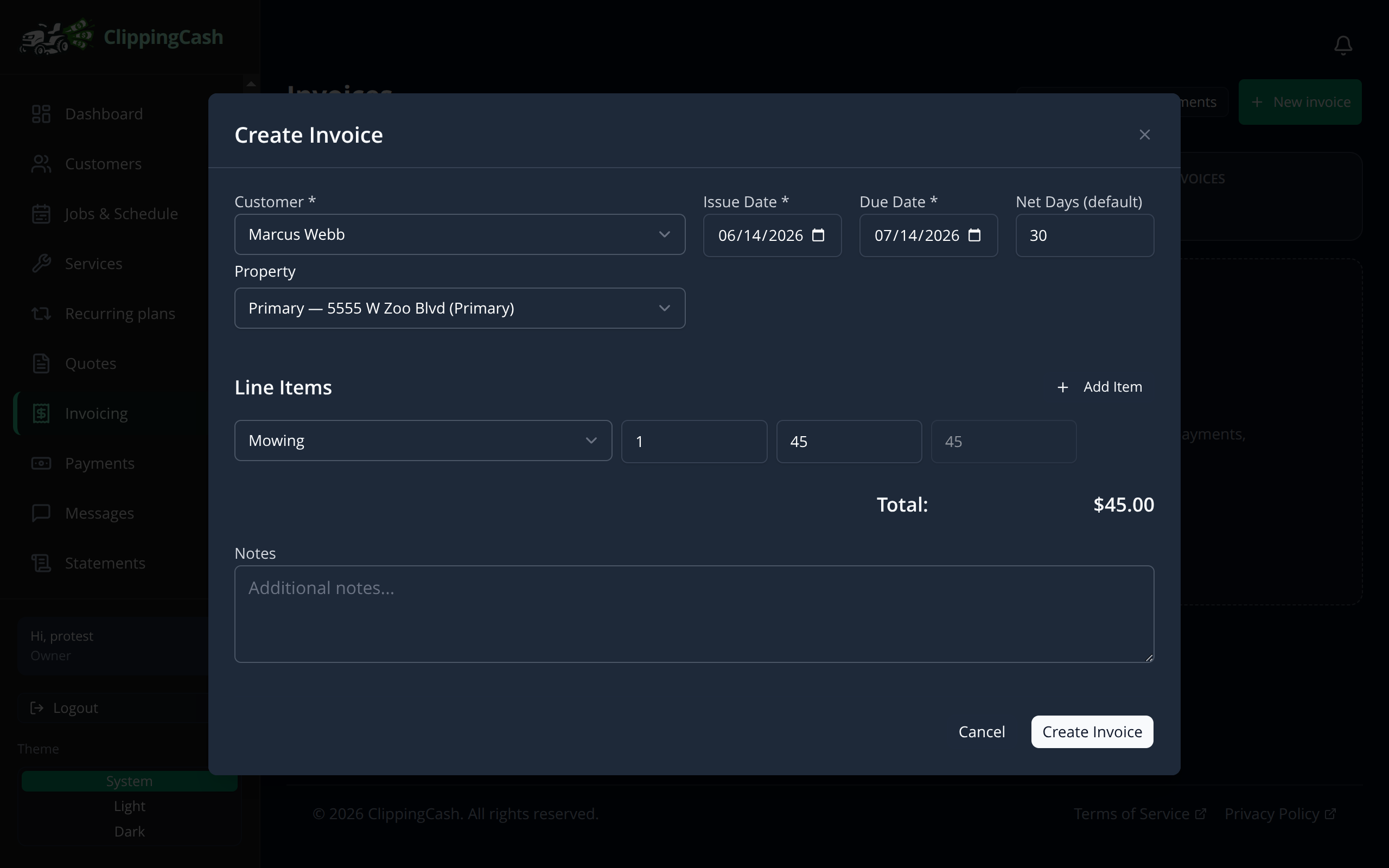 The Create Invoice form with a customer and a mowing line item