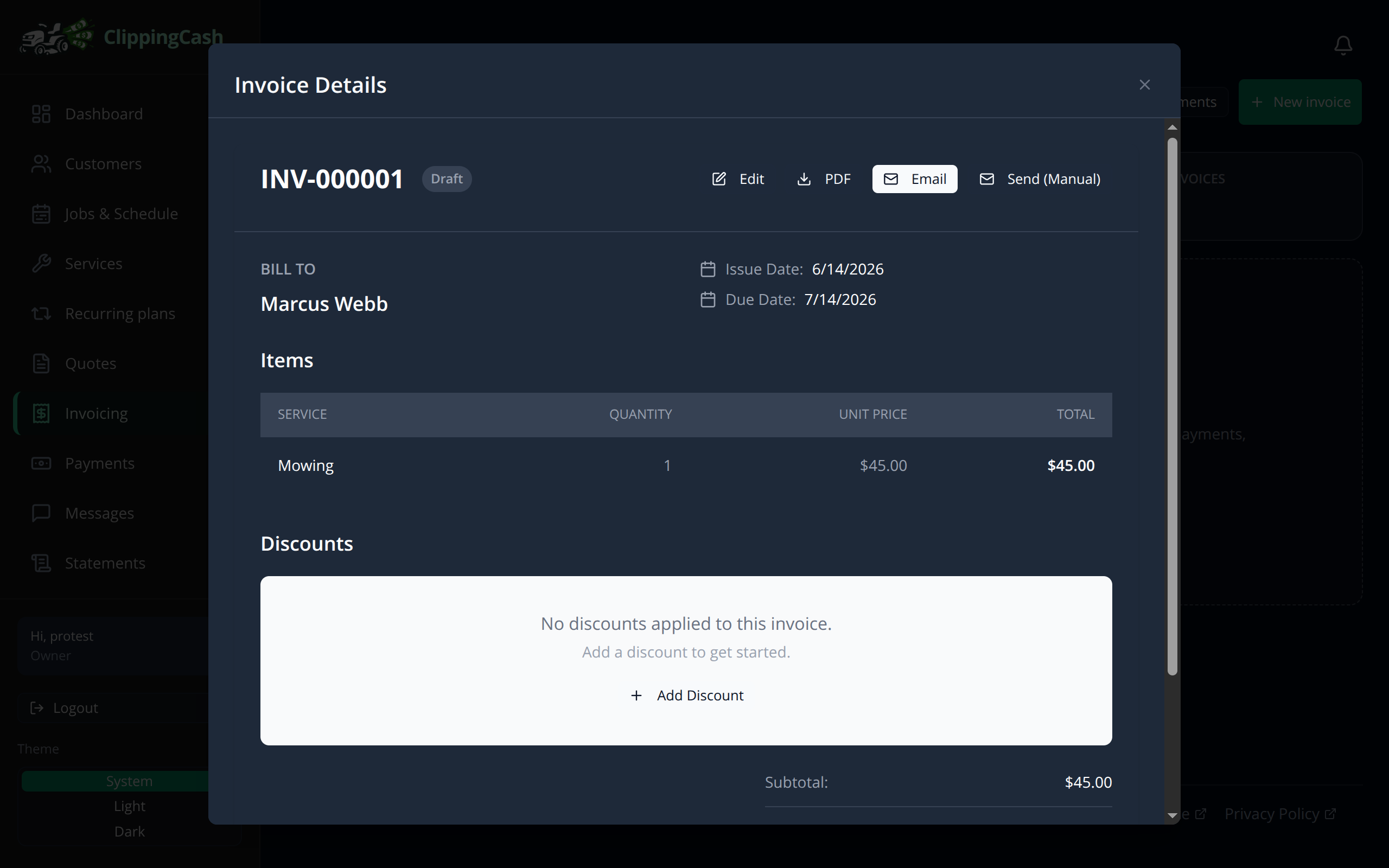 An invoice detail view showing line items, totals, and send options