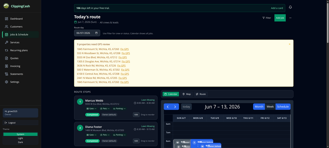 The Jobs & Schedule page showing the day's route and calendar
