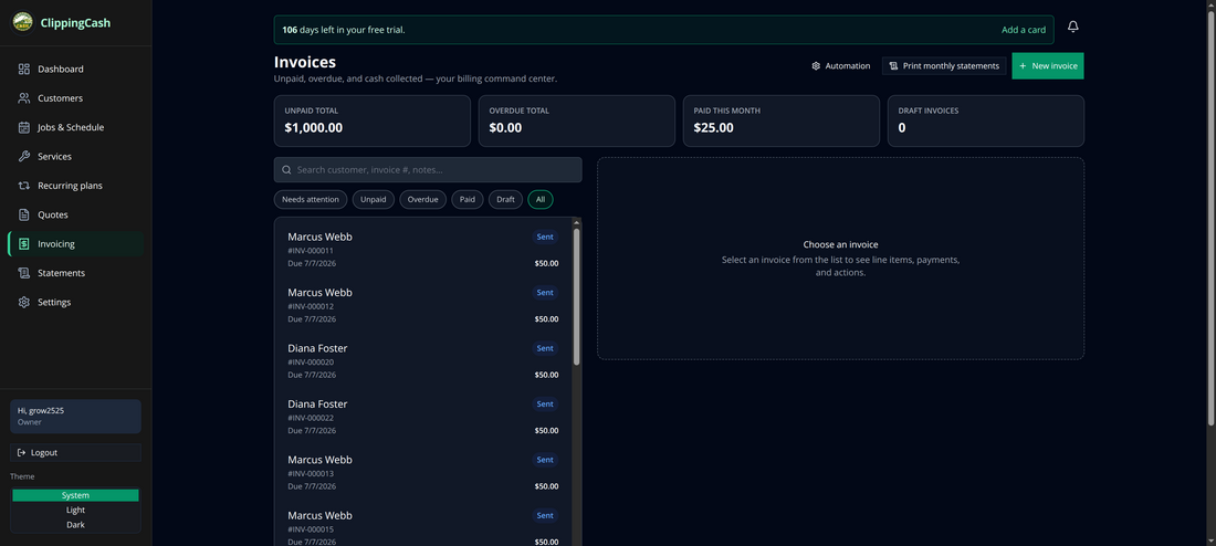 The Invoicing page with unpaid, overdue, and paid totals