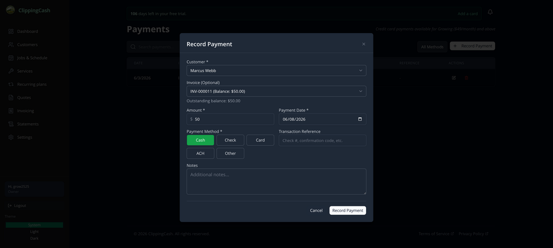 The Record Payment form with amount, date, and method