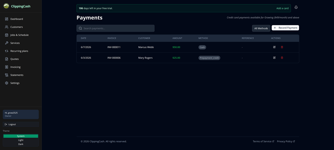 The recorded payment in the Payments list