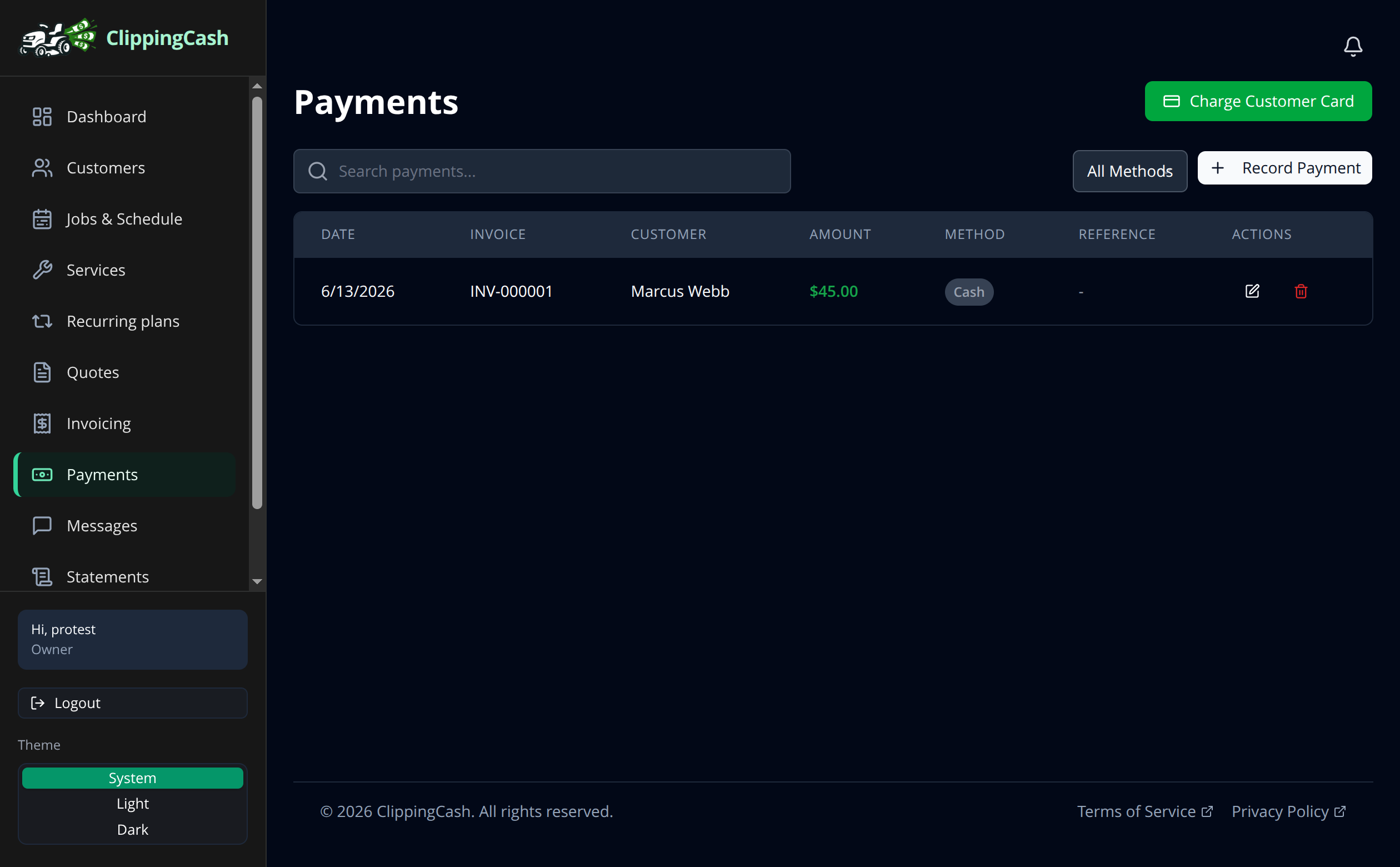 The Payments list showing a recorded payment against an invoice