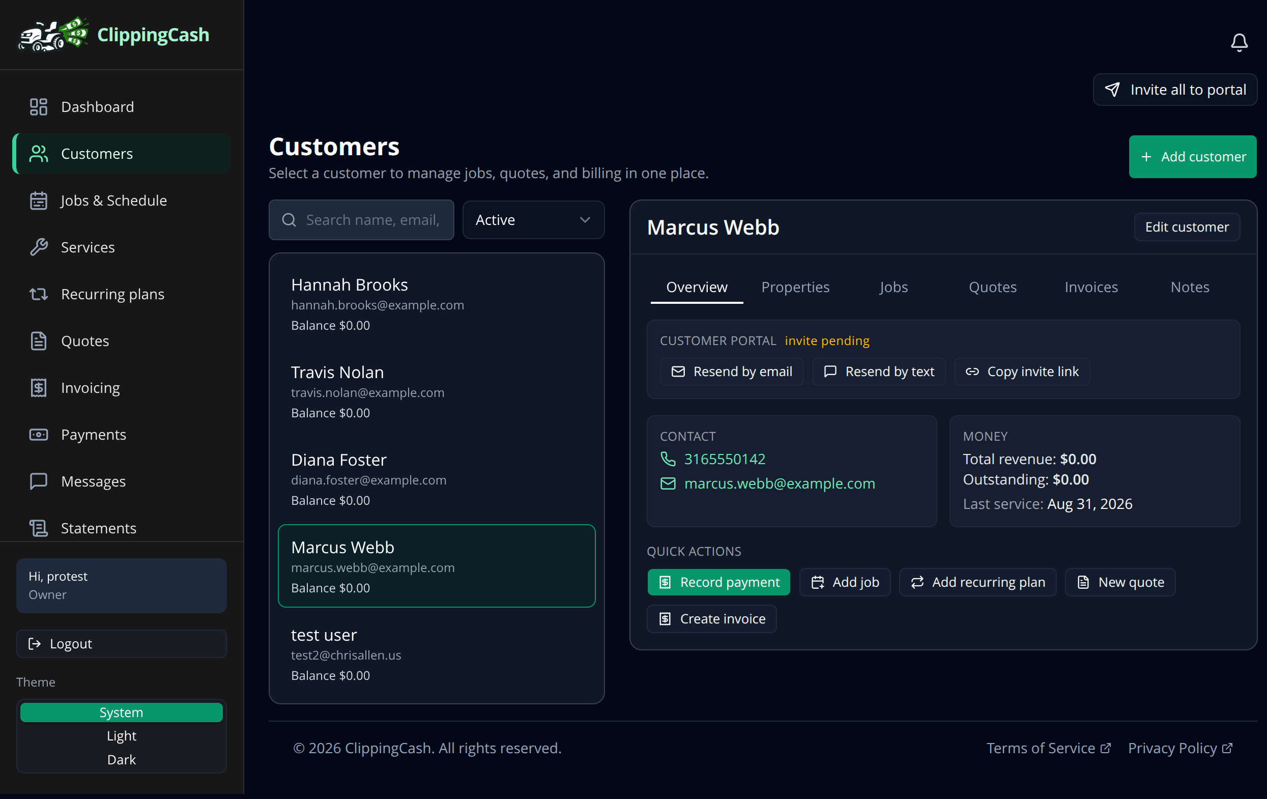 A customer record showing the Customer Portal invite options