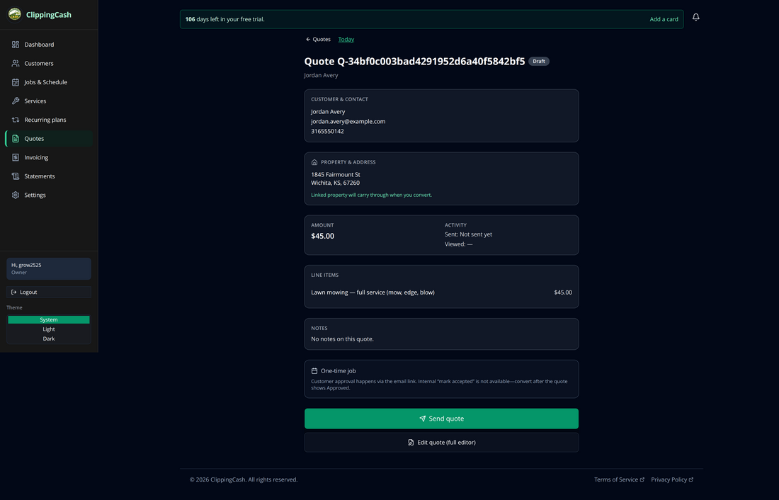 The created quote in Draft status