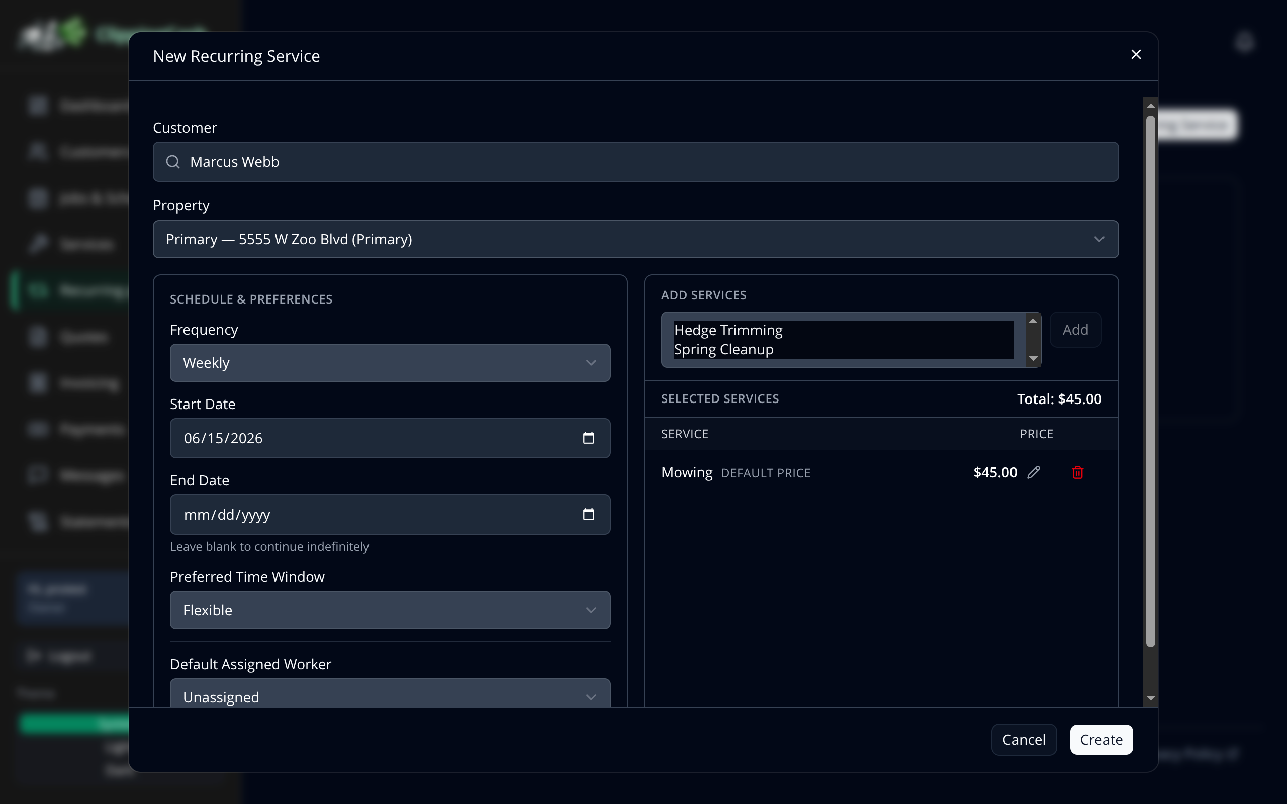 The New Recurring Service form with a weekly mowing plan for a customer