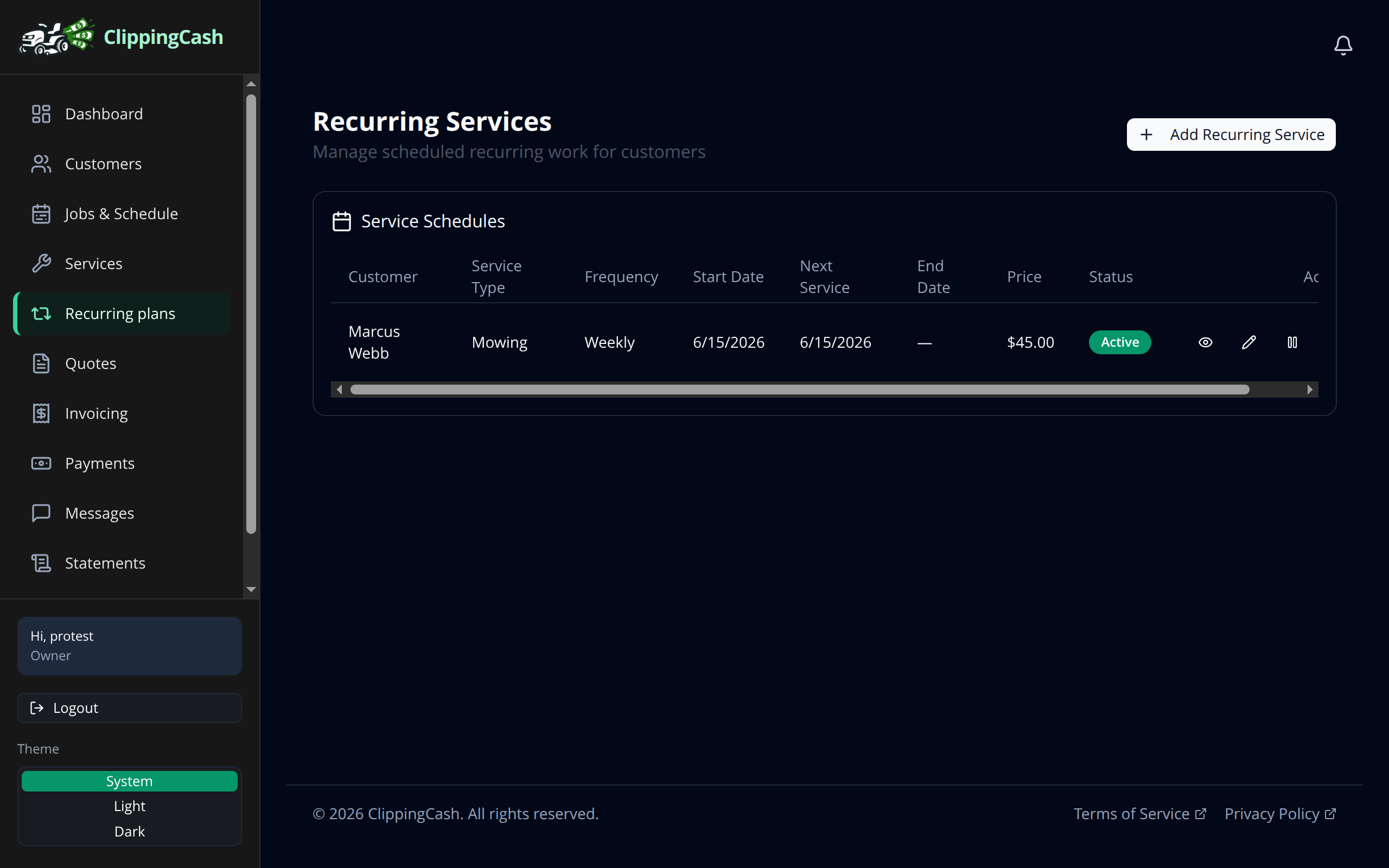 The Recurring Services list showing an active weekly mowing plan
