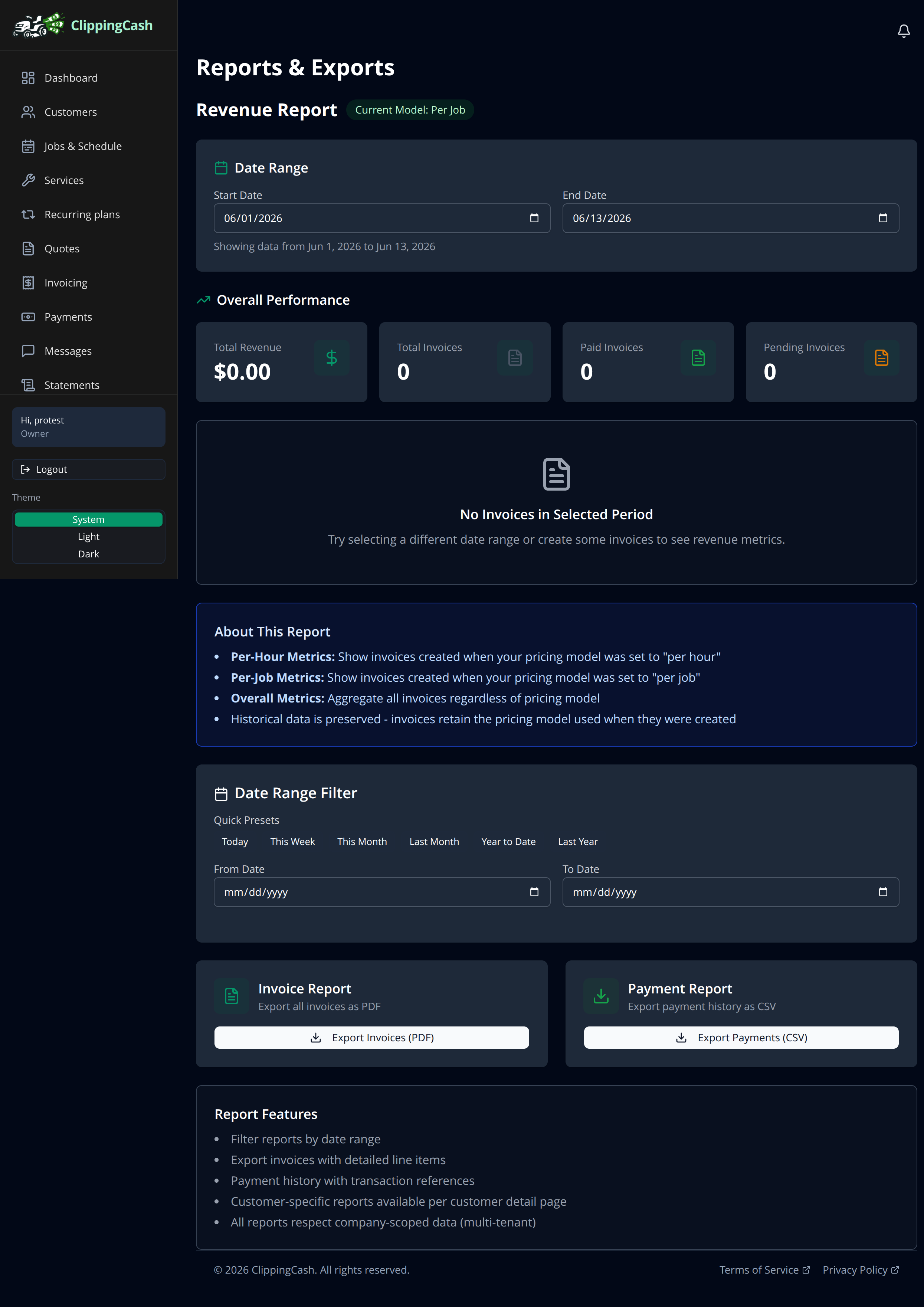 The Reports and Exports page showing revenue and export options