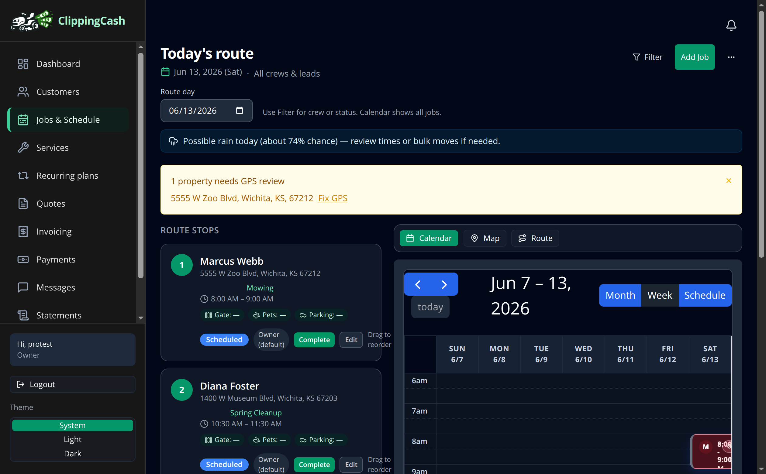 The Jobs and Schedule page showing the day's route stops in order