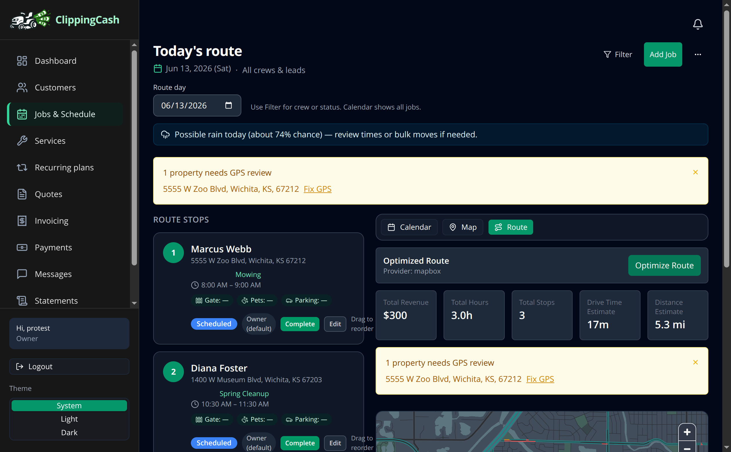 The optimized route with numbered stops, drive time, and distance on a map