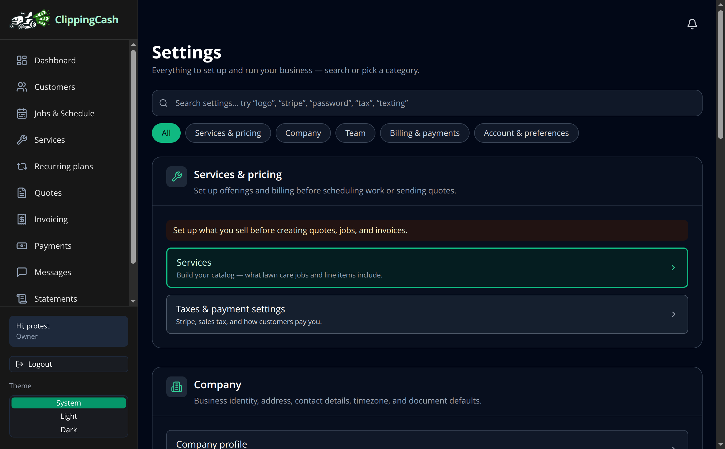 The ClippingCash Settings hub showing Services, Company, Team, and Billing sections