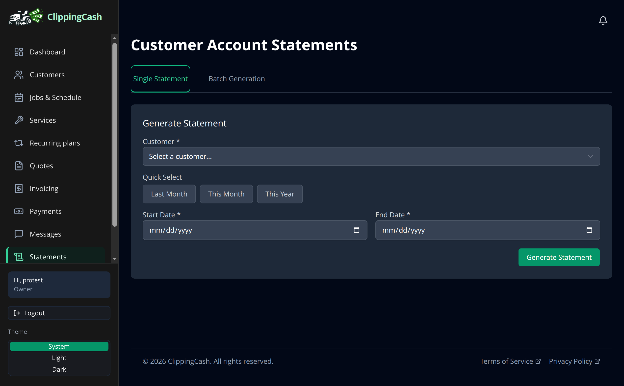 The Customer Account Statements page with a customer and date range selector