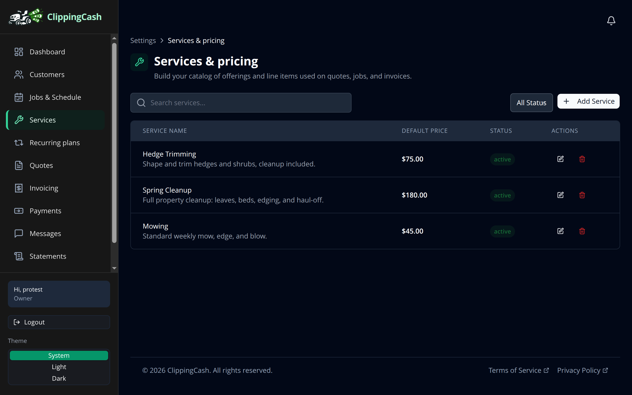 The Services list showing mowing, spring cleanup, and hedge trimming with prices