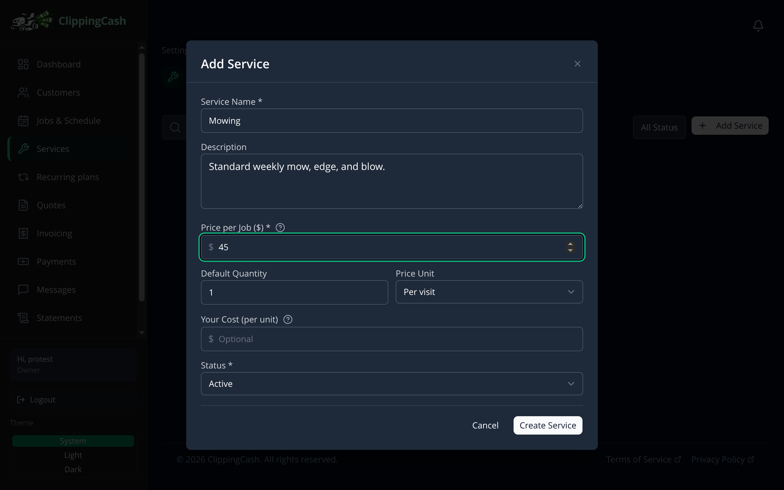 The Add Service form with a mowing service filled in