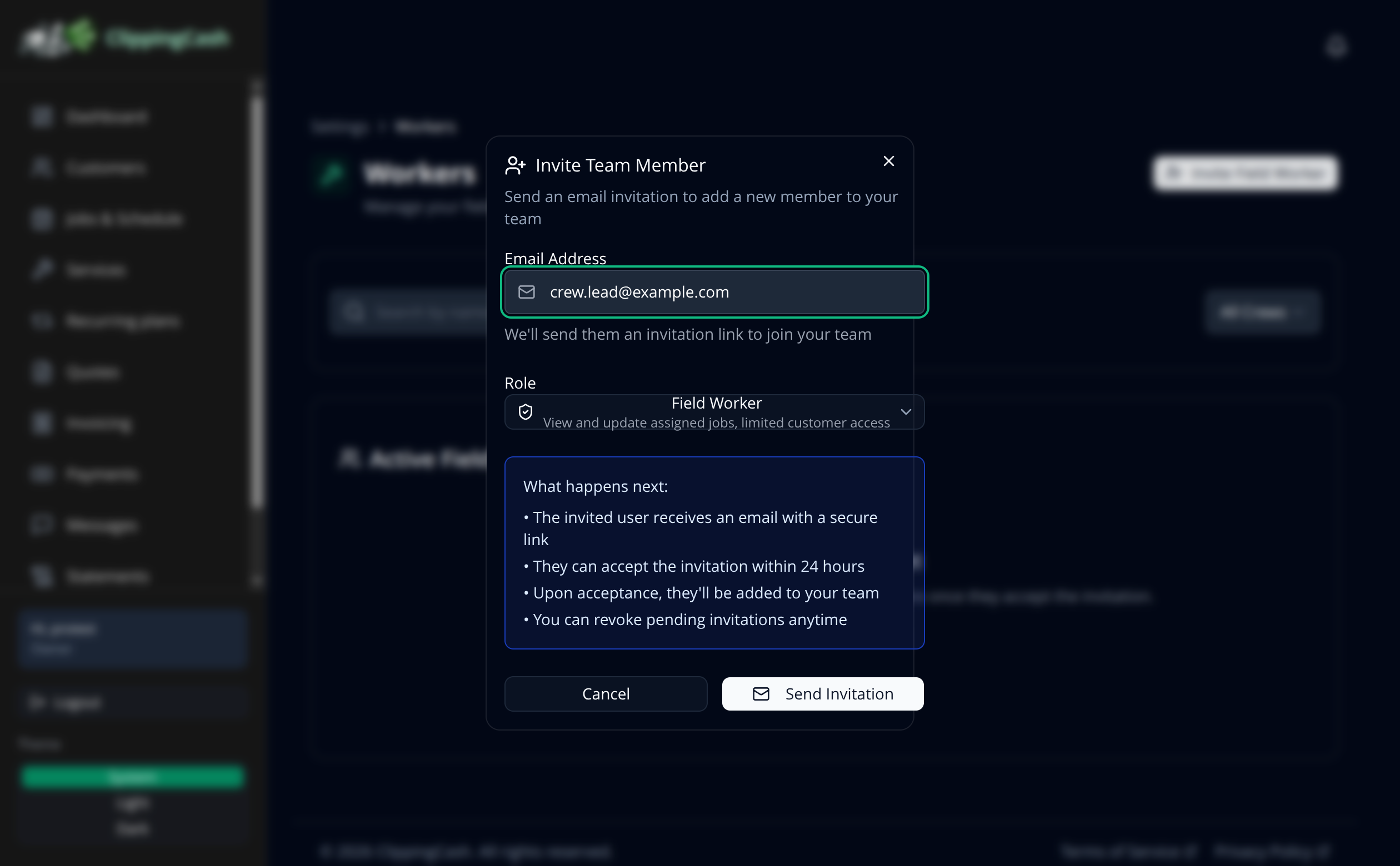 The Invite Team Member dialog with an email address and role
